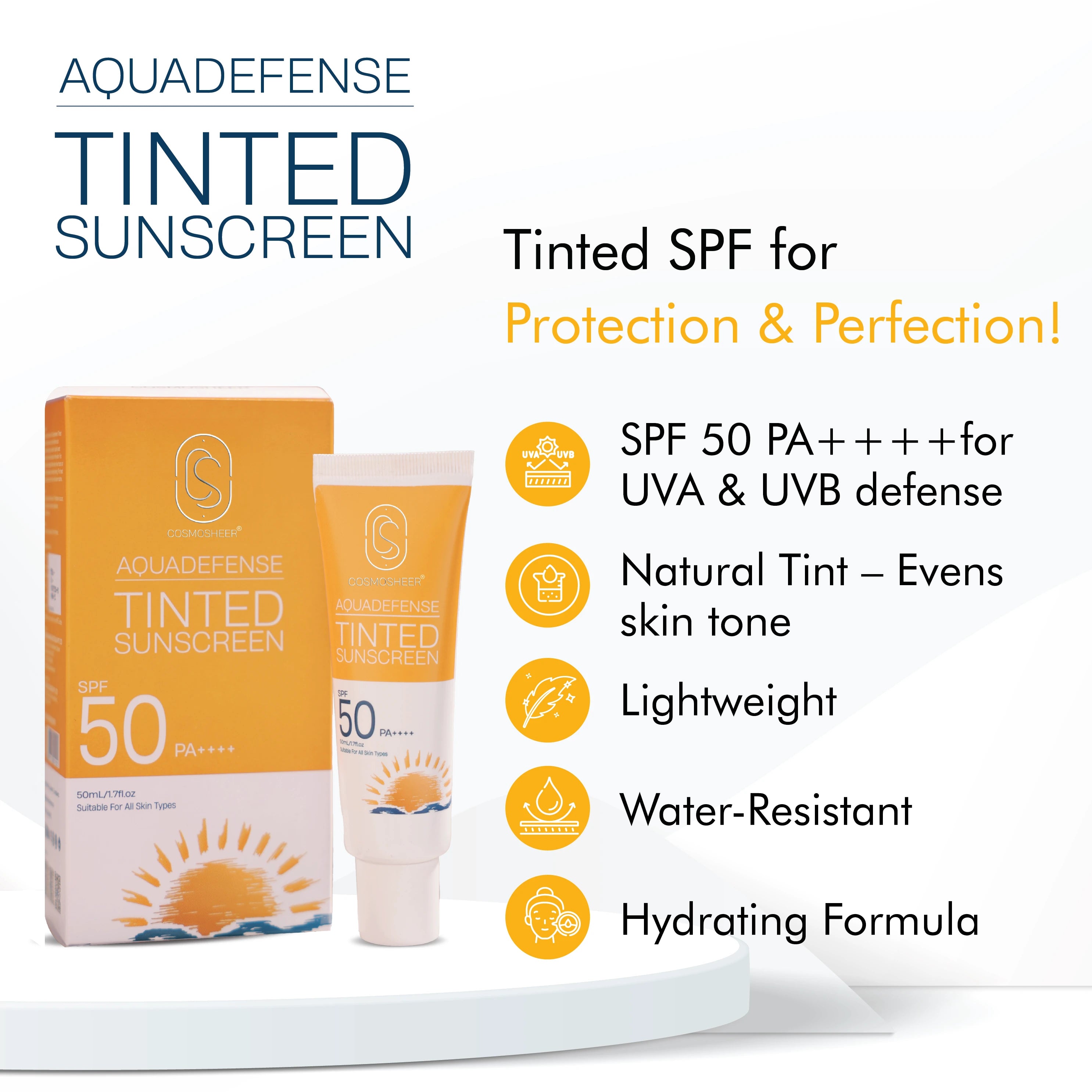 Cosmosheer Aquadefense Tinted Sunscreen SPF 50 PA ++++ (Protection from UVA & UVB rays ) | 50 ml