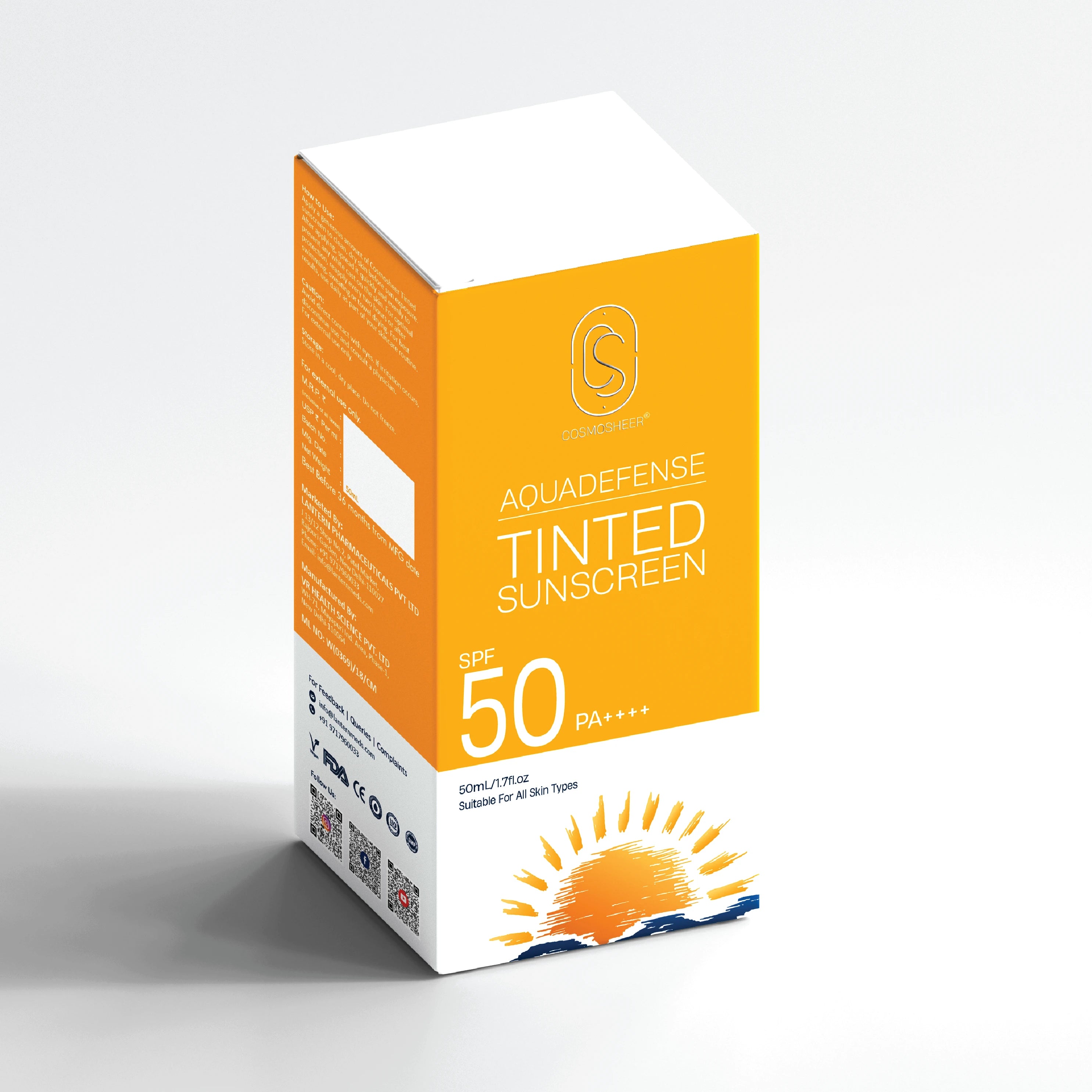 Cosmosheer Aquadefense Tinted Sunscreen SPF 50 PA ++++ (Protection from UVA & UVB rays ) | 50 ml