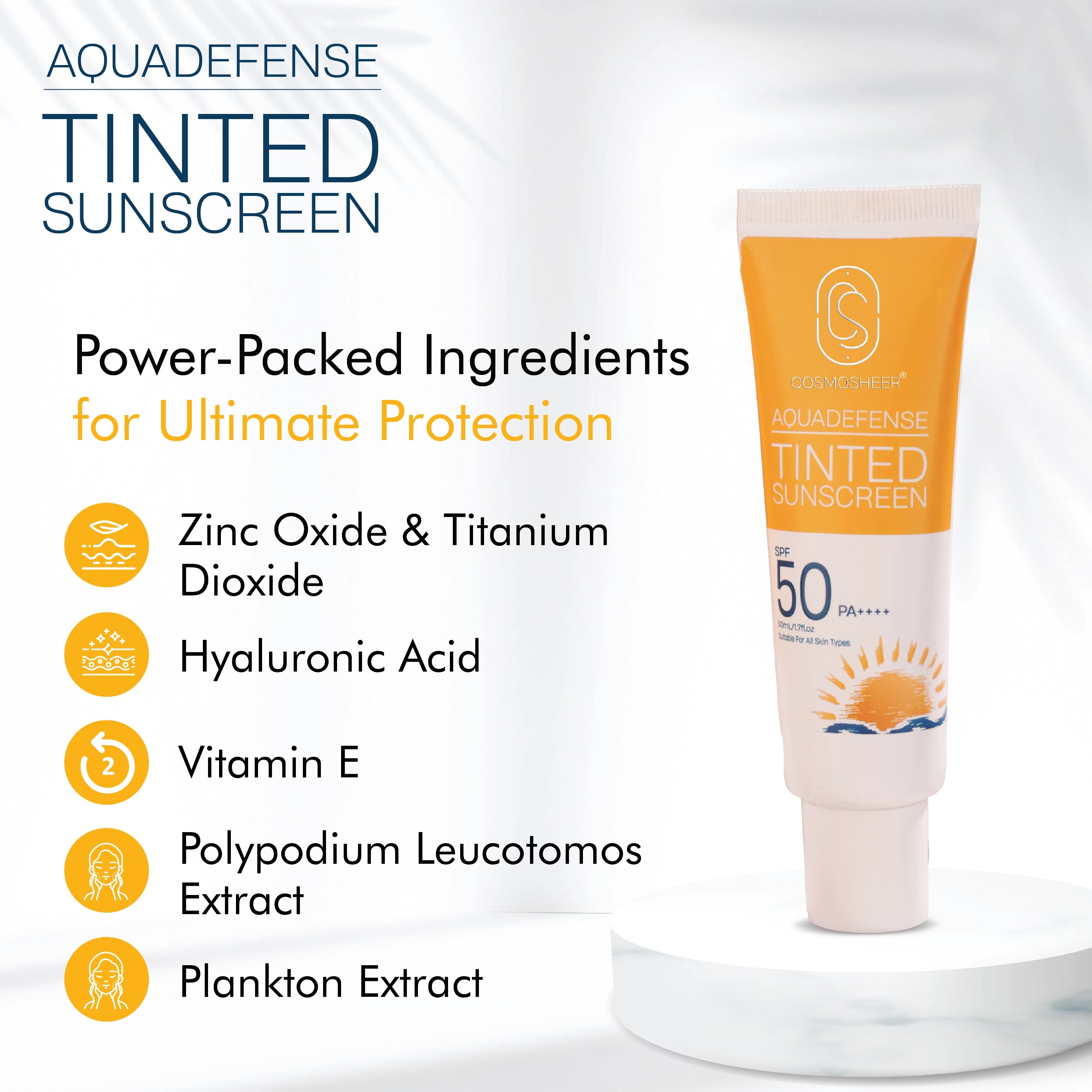 Cosmosheer Aquadefense Tinted Sunscreen SPF 50 PA ++++ (Protection from UVA & UVB rays ) | 50 ml